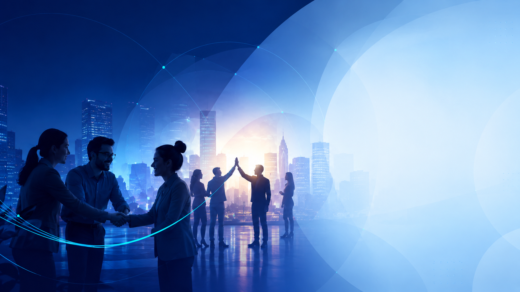 Equipo de trabajo colaborando en una ciudad conectada